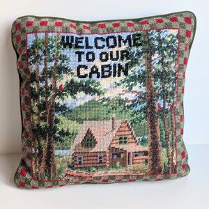 Needlepoint Cabin Pillow "Welcome to Our Cabin" Handcrafted Vintage Pillow Cover